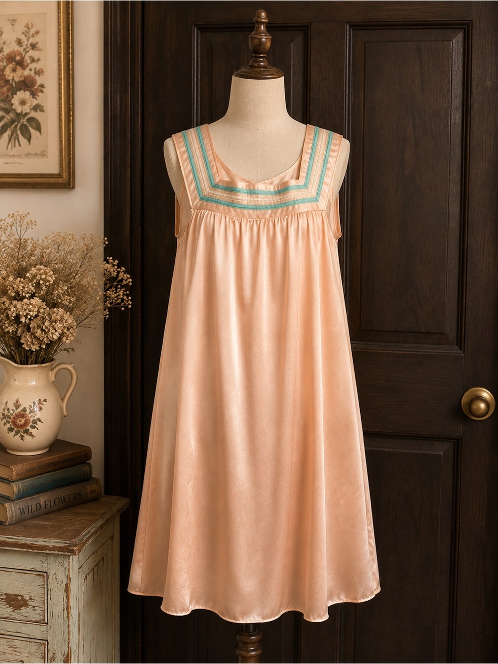 Vintage Valmode Peach Nylon Nightgown Smocked Square Neck Coquette M granny gown